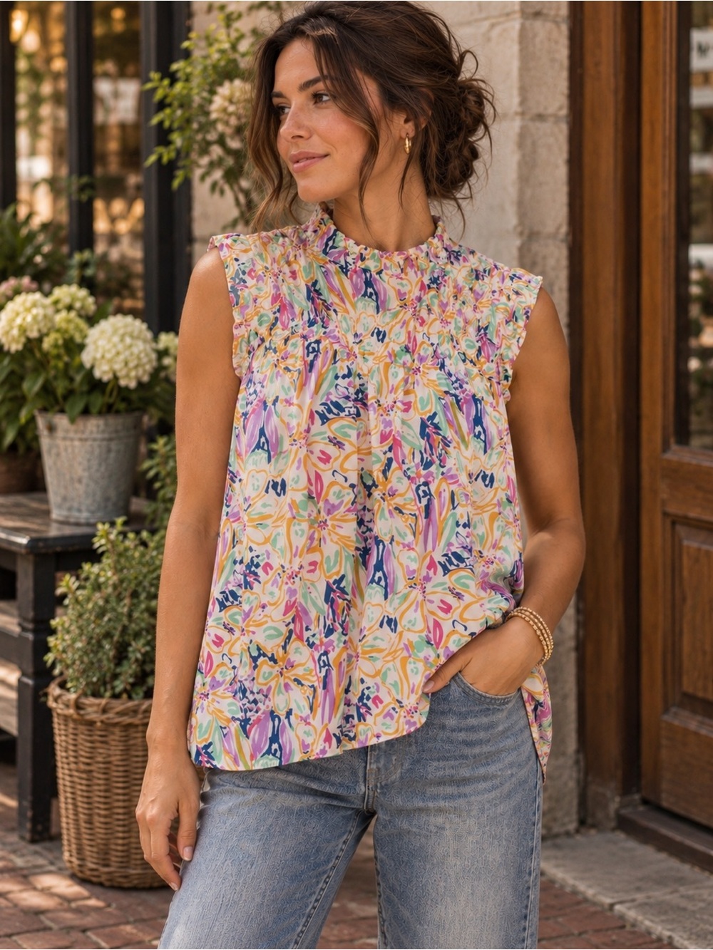 Jodifl Floral Smocked Ruffle Mock Neck Sleeveless Blouse Top Small